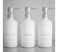 Lot de 3 distributeurs élégants de shampooing et d'après-shampoing - Bouteilles de savon de douche modernes de 600 ml avec pompe et étiquettes - Distributeurs de gel douche faciles à remplir pour une