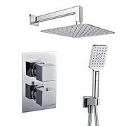 Kibath 407351 Robinet thermostatique encastrable Abe Sortie murale. Comprend un support avec prise d'eau, flexible en PVC argenté, bras pulvérisateur extra plat. Douche encastrable avec finition carrée en chrome brillant