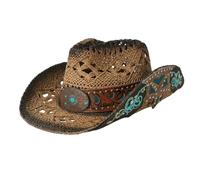 KiBcsLic Chapeau Western Décor Turquoises Protection Solaire Chapeau de Cow-Boy Brodé Vacances pour Festival, Kaki Avec Bande Noire, Taille Unique