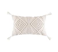 KiBcsLic Housse de Coussin à Pompons Carré Taie Décorative Tissée Face Avant Tuftée Bordure Pomponnée Toile de Coton-Lin Adaptée Au Salon, 30x50B
