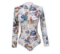 KiBcsLic Maillot de Bain Femme Une Pièce Manches Longues Tissu Extensible Devant Zippé Motif Fleurs Protection Solaire Adapté à La Natation Plage Surf Baignade, Je