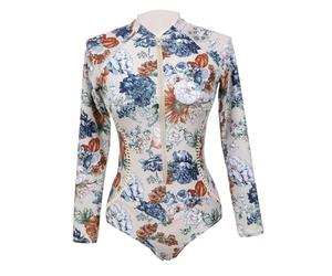 KiBcsLic Maillot de Bain Femme Une Pièce Manches Longues Tissu Extensible Devant Zippé Motif Fleurs Protection Solaire Adapté à La Natation Plage Surf Baignade, Je