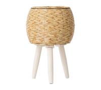 KiBcsLic Panier à Fleurs avec Support Organisateur de Pots de Fleurs avec Panier Tressé Imitation Rotin Pieds Bois Rustique Amovible Adapté Salon, Jaune 31x20cm 3 Pattes