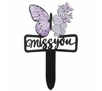 KiBcsLic Plaque Commémorative en Fer Épuré Piquet, Plaque Commémorative Papillon Violet Et Fleurs avec Inscription Miss You