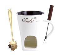 KiBcsLic Pot à Fondue Chocolat Ensemble de Fondue Fromage Mug Fondue Chauffant avec Fourchette et Cuillère En Céramique Adapté Aux Tables de Réunion Pâtisserie, Blanc