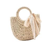 KiBcsLic Sac à Main en Paille Tressée Femme Conception Panier Moderne à Grande Tressage Artisanal Solide Ornements Dentelle Conçu pour La Plage Sort, Beige