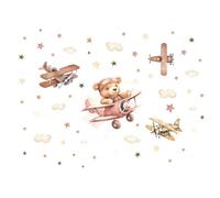 Kibi Sticker mural pour enfants avec ourson aviateur et avion, décoration murale style aquarelle, autocollants muraux pour chambre