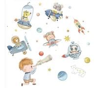 Kibi Stickers muraux Espace pour enfants, animaux astronautes, fusées et planètes, thème aventure spatiale, décoration de chambre