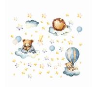 Kibi Stickers muraux pour chambre d'enfant, ours et lion entre nuages et étoiles, montgolfière bleue, 105 x 95 cm, autocollants muraux pour enfants, stickers muraux