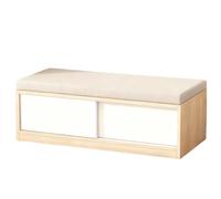 KIBONCY Closed Sliding Cabinet Storage Ottoman Bench with Soft Padded Top, Natural Wood Shoe Changing for Kids Playroom & Nursery Closet(C,100x40x40cm)