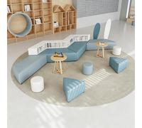 KIBONCY Ensemble De Canapé Bibliothèque Modulaire Géométrique avec Bibliothèque De Rangement, Dossier De Banc Intégré Et Table Basse Ronde en Bois, Poufs D'appoint for Salo(A7)