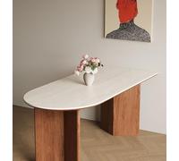 KIBONCY Ensemble De Table De Salle À Manger en Travertin Romain avec Pieds en Bois Massif De Chêne - 3 en 1 Anti-Fissures, Plateau De 80 Cm De Large, Design Peu Encombrant(Table,130x70x75cm)