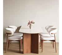 KIBONCY Ensemble De Table De Salle À Manger en Travertin Romain avec Pieds en Bois Massif De Chêne - 3 en 1 Anti-Fissures, Plateau De 80 Cm De Large, Design Peu Encombrant(4 People,140x80x75cm)