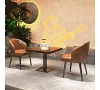 KIBONCY Ensemble Table Et Chaises en Bois Massif De Style Camping Industriel - Dessus en Pin Importé, Revêtement Simili Cuir, Éponge Haute Densité, Cadre en Fer Café, Bar, Bistro(8)