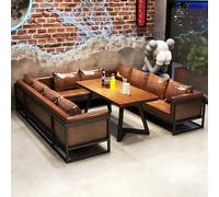 KIBONCY Ensemble Table Et Chaises en Bois Massif De Style Camping Industriel - Dessus en Pin Importé, Revêtement Simili Cuir, Éponge Haute Densité, Cadre en Fer Café, Bar, Bistro(17)