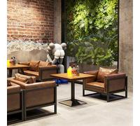 KIBONCY Ensemble Table Et Chaises en Bois Massif De Style Camping Industriel - Dessus en Pin Importé, Revêtement Simili Cuir, Éponge Haute Densité, Cadre en Fer Café, Bar, Bistro(25)