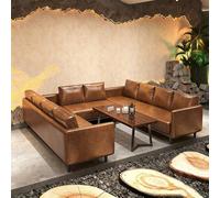 KIBONCY Ensemble Table Et Chaises en Bois Massif De Style Camping Industriel - Dessus en Pin Importé, Revêtement Simili Cuir, Éponge Haute Densité, Cadre en Fer Café, Bar, Bistro(16)