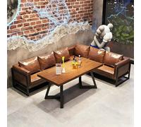 KIBONCY Ensemble Table Et Chaises en Bois Massif De Style Camping Industriel - Dessus en Pin Importé, Revêtement Simili Cuir, Éponge Haute Densité, Cadre en Fer Café, Bar, Bistro(20)