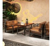 KIBONCY Ensemble Table Et Chaises en Bois Massif De Style Camping Industriel - Dessus en Pin Importé, Revêtement Simili Cuir, Éponge Haute Densité, Cadre en Fer Café, Bar, Bistro(14)