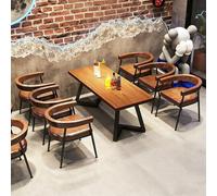 KIBONCY Ensemble Table Et Chaises en Bois Massif De Style Camping Industriel - Dessus en Pin Importé, Revêtement Simili Cuir, Éponge Haute Densité, Cadre en Fer Café, Bar, Bistro(13)