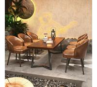 KIBONCY Ensemble Table Et Chaises en Bois Massif De Style Camping Industriel - Dessus en Pin Importé, Revêtement Simili Cuir, Éponge Haute Densité, Cadre en Fer Café, Bar, Bistro(10)