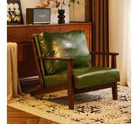 KIBONCY Mid-Century Modern Armchair, Green Leather Upholstered Chair Retro Lounge, Wooden Frame Accent for Bedroom Small Spaces(A)