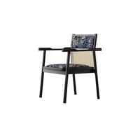 KIBONCY Mid-Century Modern Rattan Back Accent Chair, Upholstered Leaf Print Seat, Black Solid Wood Frame - Comfy Armchair for Home Office(A)