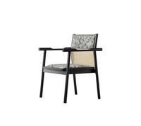 KIBONCY Mid-Century Modern Rattan Back Accent Chair, Upholstered Leaf Print Seat, Black Solid Wood Frame - Comfy Armchair for Home Office(H)