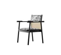 KIBONCY Mid-Century Modern Rattan Back Accent Chair, Upholstered Leaf Print Seat, Black Solid Wood Frame - Comfy Armchair for Home Office(F)