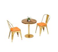 KIBONCY Round Wood Grain Table with Gold Pedestal, Industrial Barrel Stool Set, Storage Stools with Orange Cushions, for Retro Bars & Loft(E)