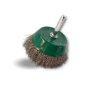 Kibros Brosse rotative coupe Ø 75 mm fil inox souple perceuse | Fil inox Ø 0,20 mm souple, tige Ø 6 mm, pour perceuse ou visseuse à mandrin, nettoyage surfaces inox délicates.