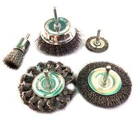 Kibros Lot 5 brosses acier tige 6 mm circulaire dur+bout dur+coupe dur | 1 circulaire Ø 38 mm dur, 1 bout Ø 22 mm dur, 1 coupe Ø 75 mm dur, 1 circ. Ø 75 mm souple, 1 coupe Ø 75 souple.