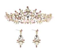 KICHOUSE Bandeau de Mariage Élégant en Cristal Rose Couronne et Boucles D'oreilles Aléatoires, Accessoire pour Fêtes et Concours de Beauté