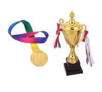 KICHOUSE Ensemble Trophée Compétition 29 Cm et Médaille Métal Or avec Ruban pour Tournois Sportifs, Remises de Prix, Clubs et Événements Sportifs