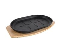 KICHOUSE Plaque Chauffante en Fonte Noire Pré-assaisonnée avec Plateau en Bois, Poêle Professionnelle Lourde pour Fajitas et Steaks, pour Camping et Réunions Familiales
