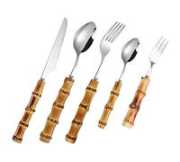 KICHOUSE Set de Couverts Élégants Poignée en Bambou, Acier Inoxydable 304, 5 Pièces Pratiques pour Restaurant Cuisine, Prise Ferme et Design Léger