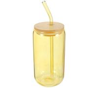 Kichvoe 1ensemble Creative Can-shaped Glass Cup with Wooden Lid Household Juice and Cold Drink Water Cup