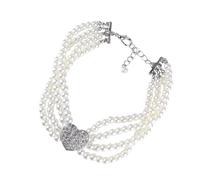 Kichvoe Collier de Perles Blanches à Quatre Rangées Pendentif Cœur Étincelant pour Chien, Bijou pour Animal de Compagnie Élégant pour Anniversaire ou Tenue de Fête
