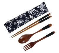 Kichvoe Ensemble de Couverts en Bois Léger avec Baguettes, Fourchette et Cuillère, Pochette Noire en Tissu, pour Voyage, Camping et Repas en Plein Air, Kit Vaisselle Portable de Voyage