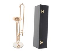 Kichvoe Modèle de Trombone Artisanal en Cuivre Plaqué Or 30 Cm Support et Boîte en Cuir Noir, Décoration de Bureau Réaliste, Ornement Musical Miniature pour Maison et Bureau