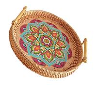 Kichvoe Plateau de Service en Rotin Tressé la Main avec Poignée, Motif Mandala Coloré, Diamètre 24 Cm X Hauteur 3 Cm, Plateau Polyvalent pour Pique-niques, Assiette D'œufs Farcis