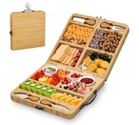 Kicinn Ensemble De Planches À Fromage Pliables en Bambou avec 4 Couteaux Et 6 Fourchettes - Coffret Cadeau Extensible en Bois pour Charcuterie Et Fromage | Plateau De Service pour Tapas Et Fruits