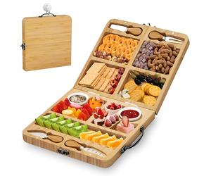 Kicinn Plateau Apéritif Pliant - Planche à Tapas et à Fromage - avec Couteaux à Fromage et Coupelles - Bambou
