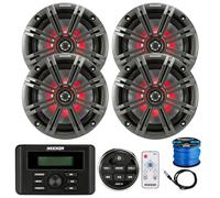 Kicker Récepteur stéréo Bluetooth USB RCA avec télécommande - Lot de 4 haut-parleurs à DEL coaxiaux 2 voies 195 W max de 16,5 cm avec grilles au charbon de bois, télécommande LED, câble de calibre 16