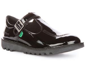 KICKERS Barre en T Cuir Boucle Mary Jane Fille Chaussures Noir Verni UK 3 - 6