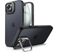 Kickstand Case For Iphone 15 6.1 Inch, Built-In Adjustable Camera Stand, Military Grade Drop Protection, Translucent Matte Back Cover Case (Black)