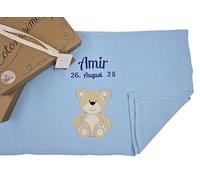 KIDDI-MEDIA Couverture bébé avec nom, ours bleu clair, 100 % coton | Date de naissance, dans un coffret cadeau représentatif, pour baptême, naissance, fête prénatale, également comme couverture