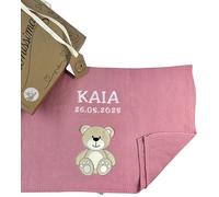 KIDDI-MEDIA Couverture pour bébé, de qualité supérieure, en 100 % coton, avec nom et date de naissance, dans une boîte cadeau presentative, pour baptême, naissance, fête prénatale, convient également