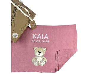 KIDDI-MEDIA Couverture pour bébé, de qualité supérieure, en 100 % coton, avec nom et date de naissance, dans une boîte cadeau presentative, pour baptême, naissance, fête prénatale, convient également