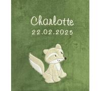 KIDDI-MEDIA Couverture pour bébé, douce, douillette, de qualité 1A, avec nom et date de naissance, vert olive - renard